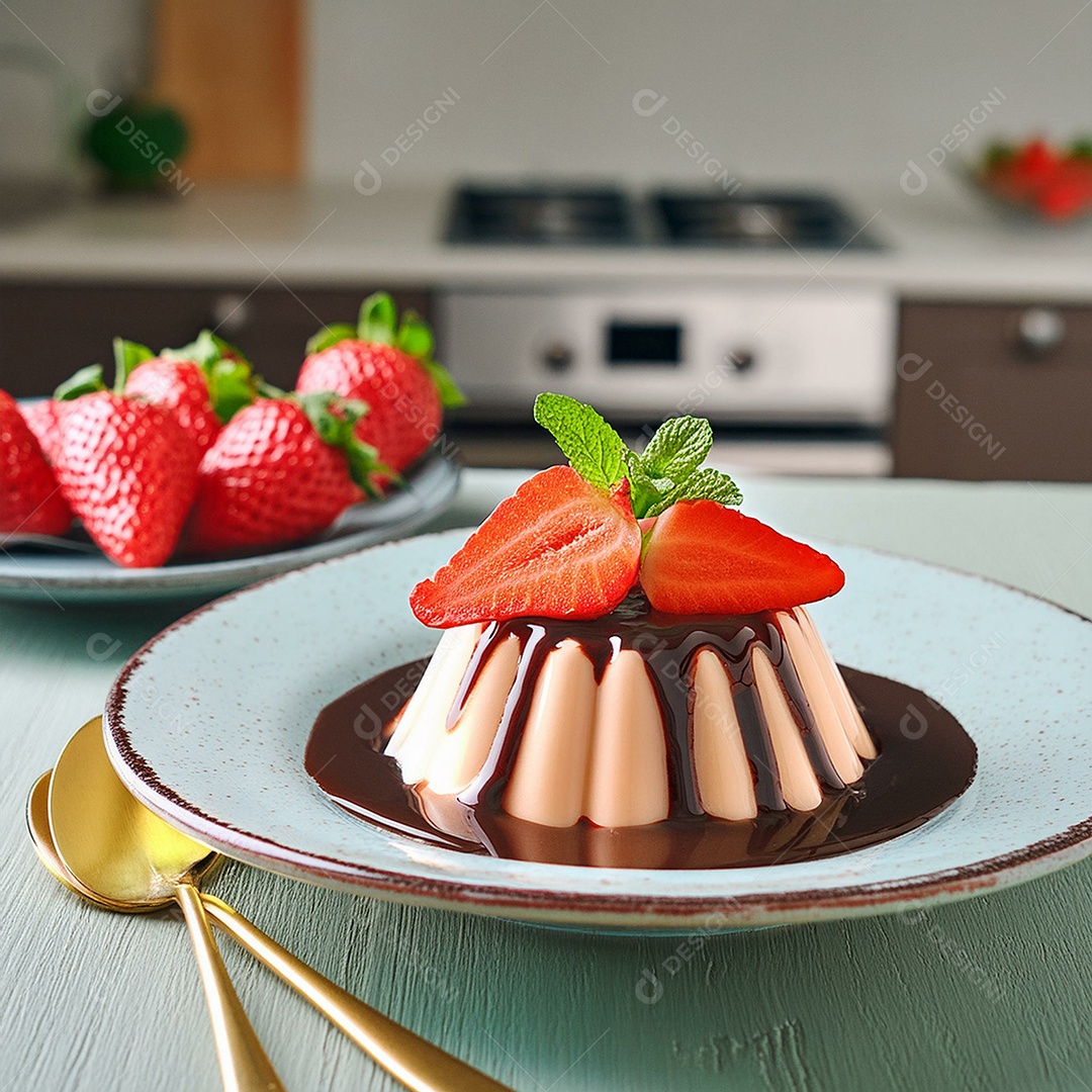 Pudim de leite com calda de chocolate e morangos frescos por cima