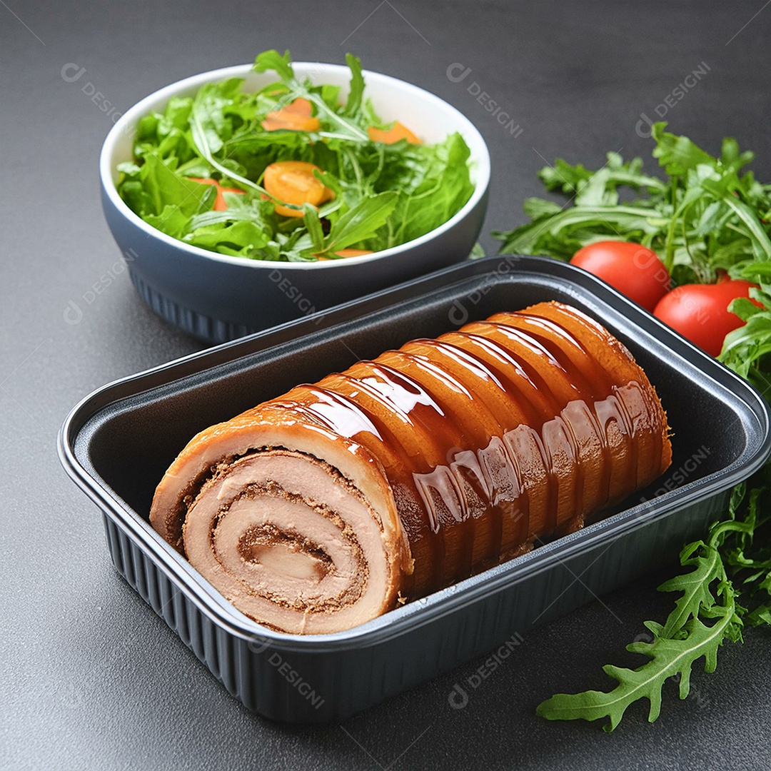 Rocambole de carne fatiada com calda ao lado de uma tigela com legumes