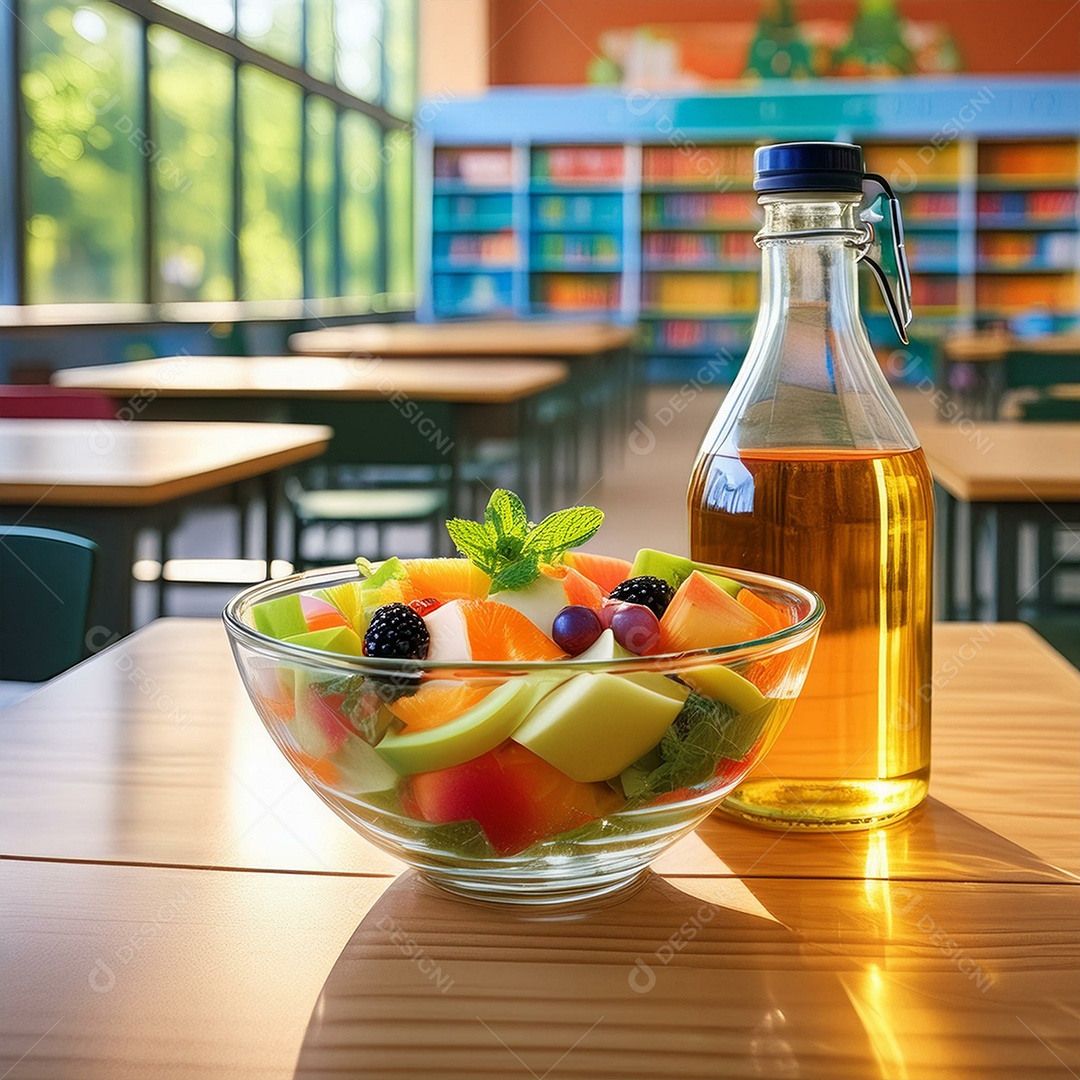 Tigela transparente com salada de frutas dentro ao lado uma garrafa transparente de mel