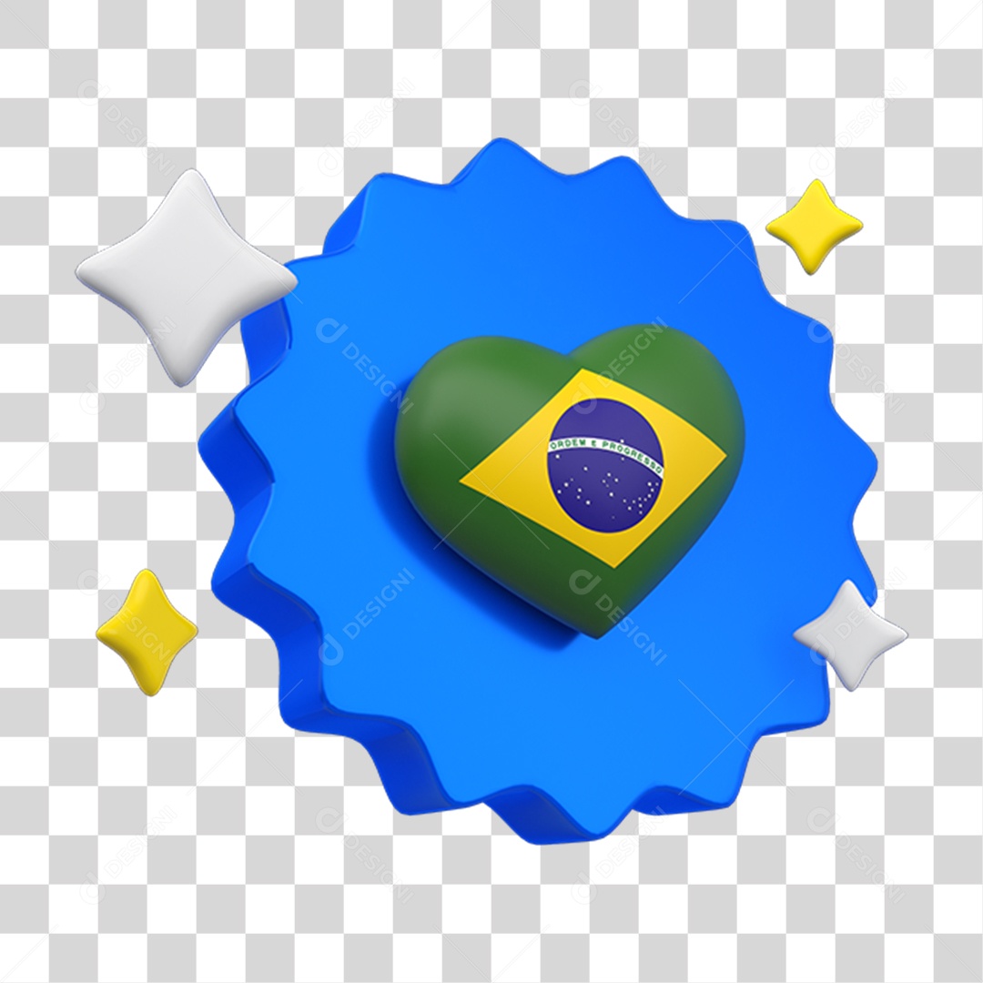 Elemento 3D Placa Coração com Bandeira do Brasil PNG Transparente