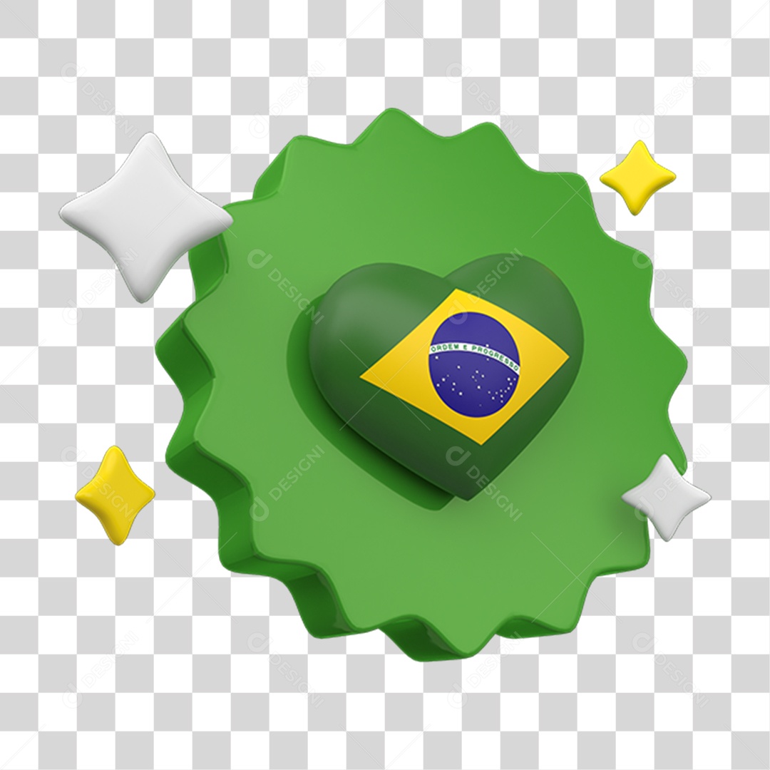 Elemento 3D Placa Coração com Bandeira do Brasil PNG Transparente