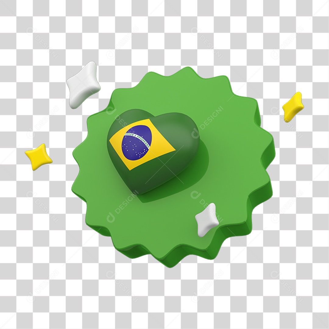 Elemento 3D Placa Coração com Bandeira do Brasil PNG Transparente