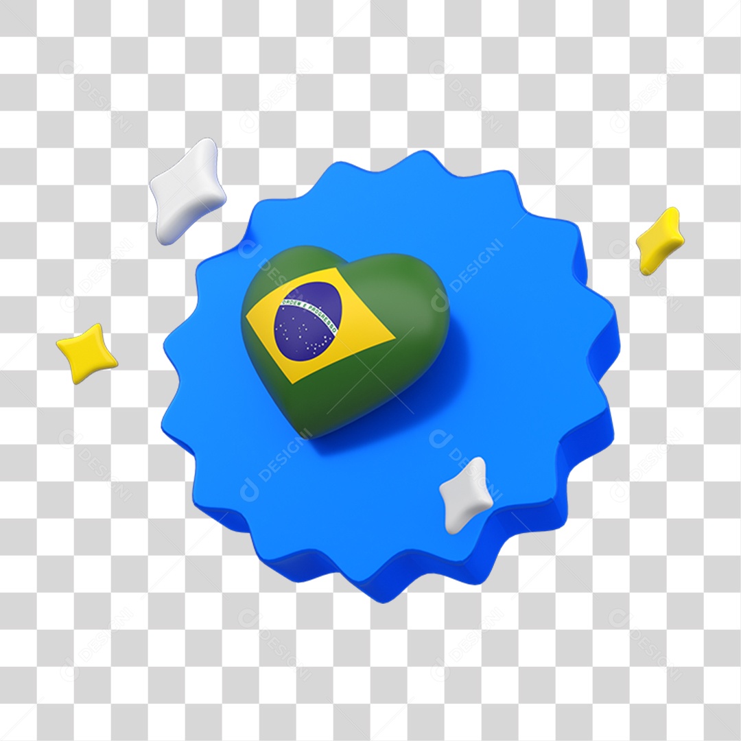 Elemento 3D Placa Coração com Bandeira do Brasil PNG Transparente