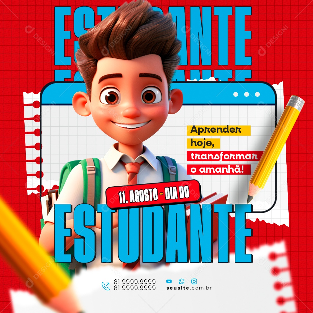 Dia do Estudante 11 de Agosto Aprender e Transformar Social Media PSD Editável