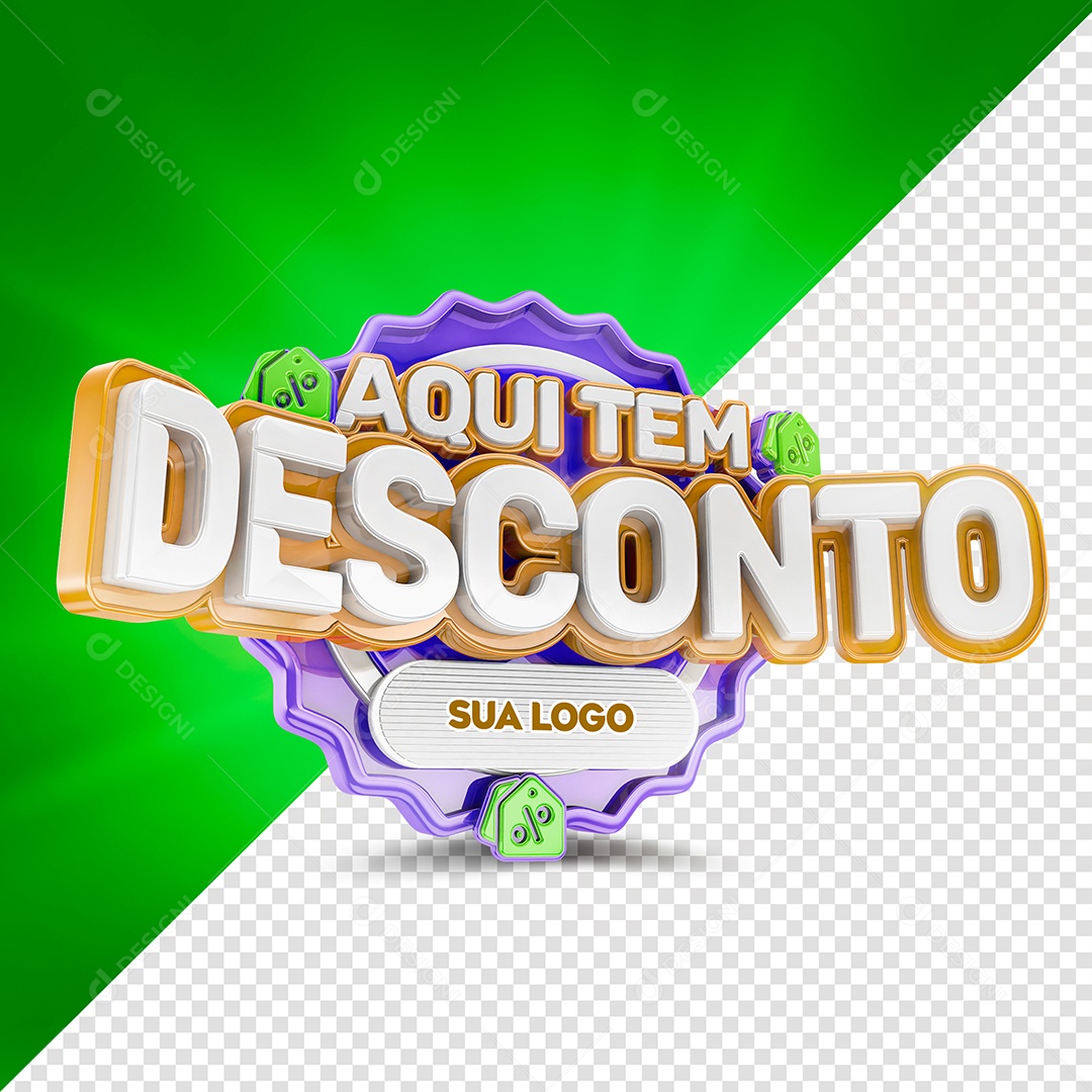 Selo 3D Aqui tem Desconto para Composição PSD