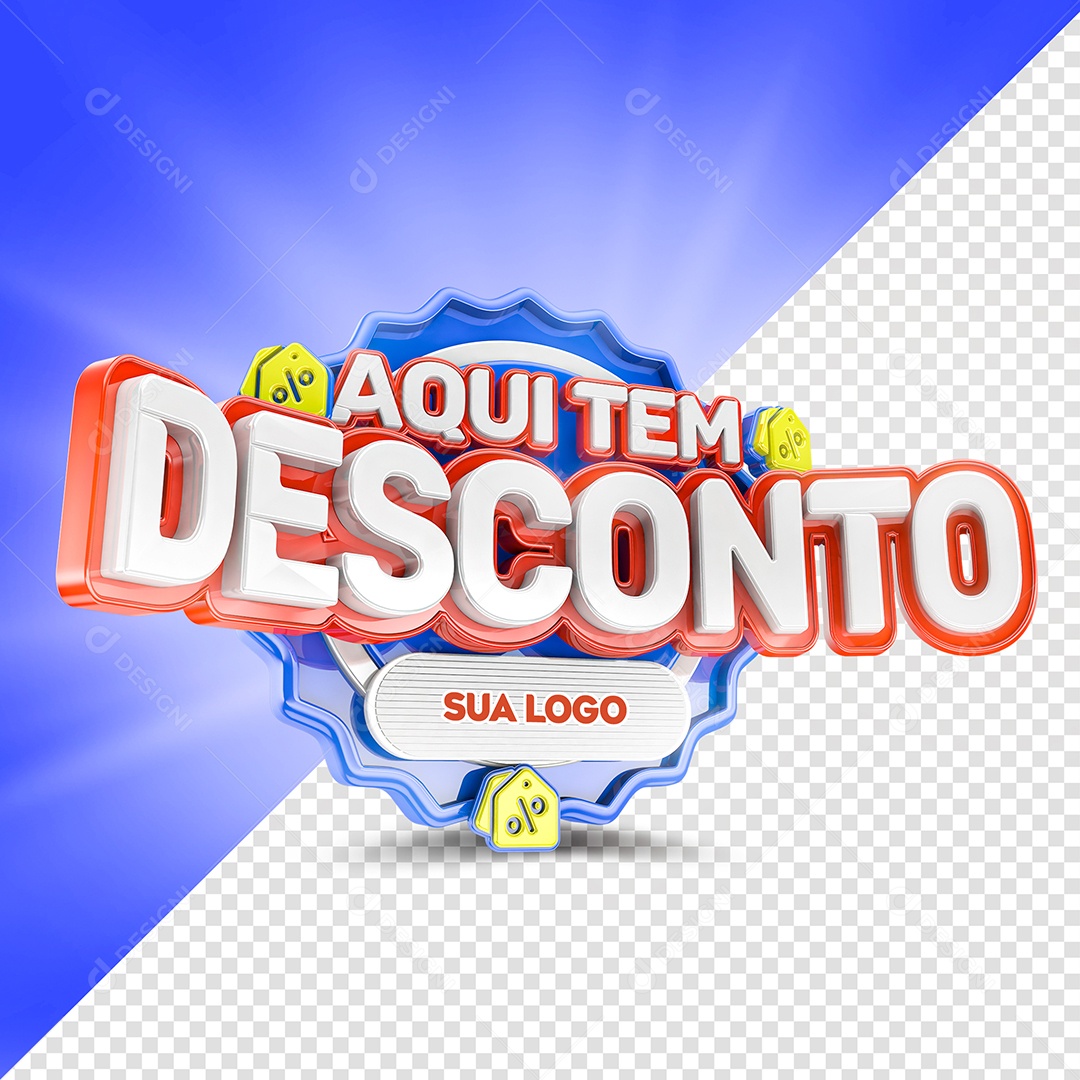 Selo 3D Aqui tem Desconto para Composição PSD