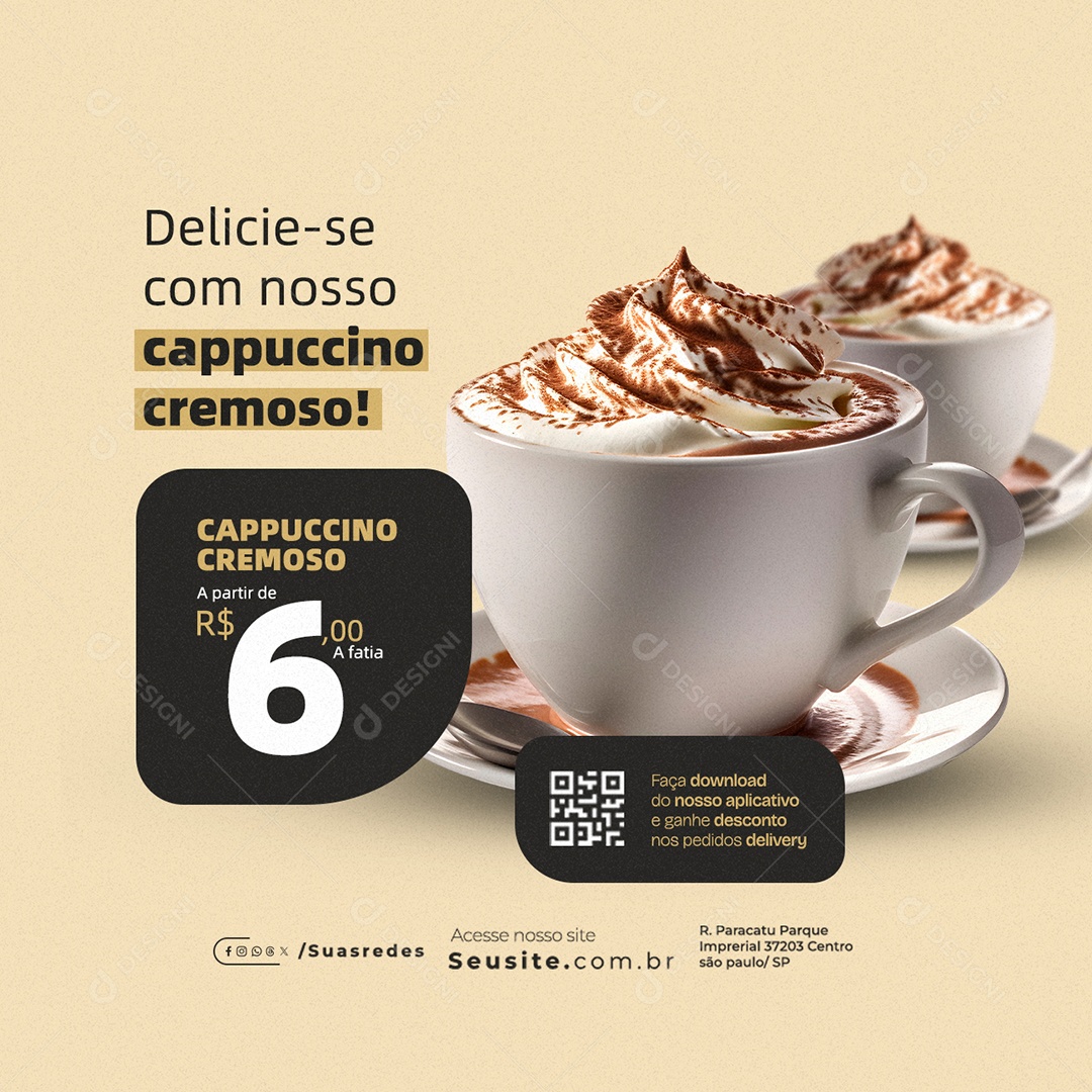 Cafeteria Delicie-Se com Nossos Cappuccino Cremoso Social Media PSD Editável