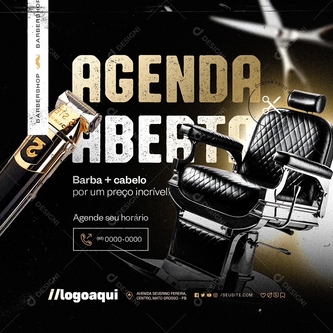 Barbearia Agenda Aberta Barba Cabelo Social Media PSD Editável