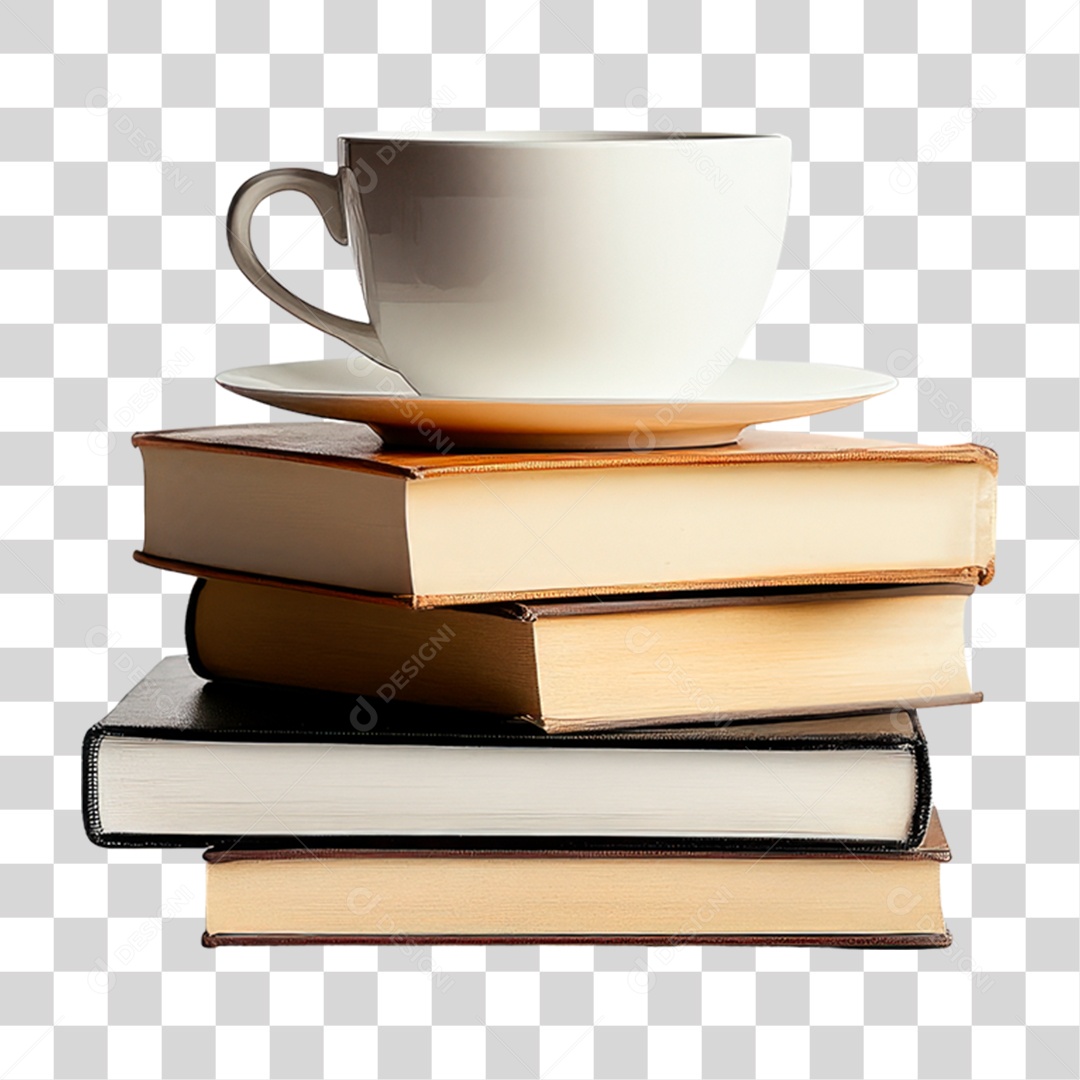 Xicara de Café Sobre Livros PNG Transparente