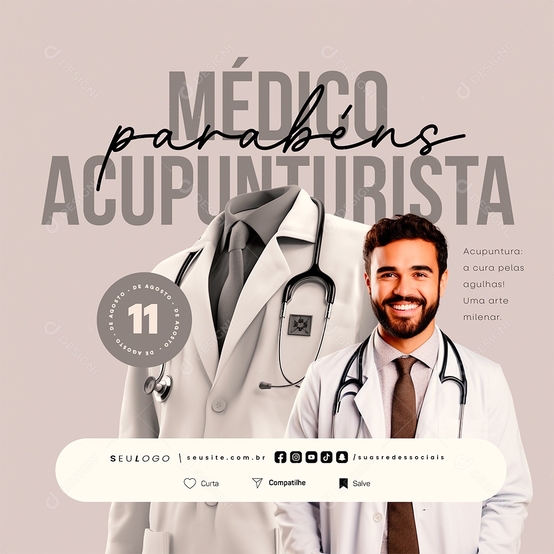 Dia do Médico Acupunturista 11 de Agosto Parabéns Social Media PSD Editável
