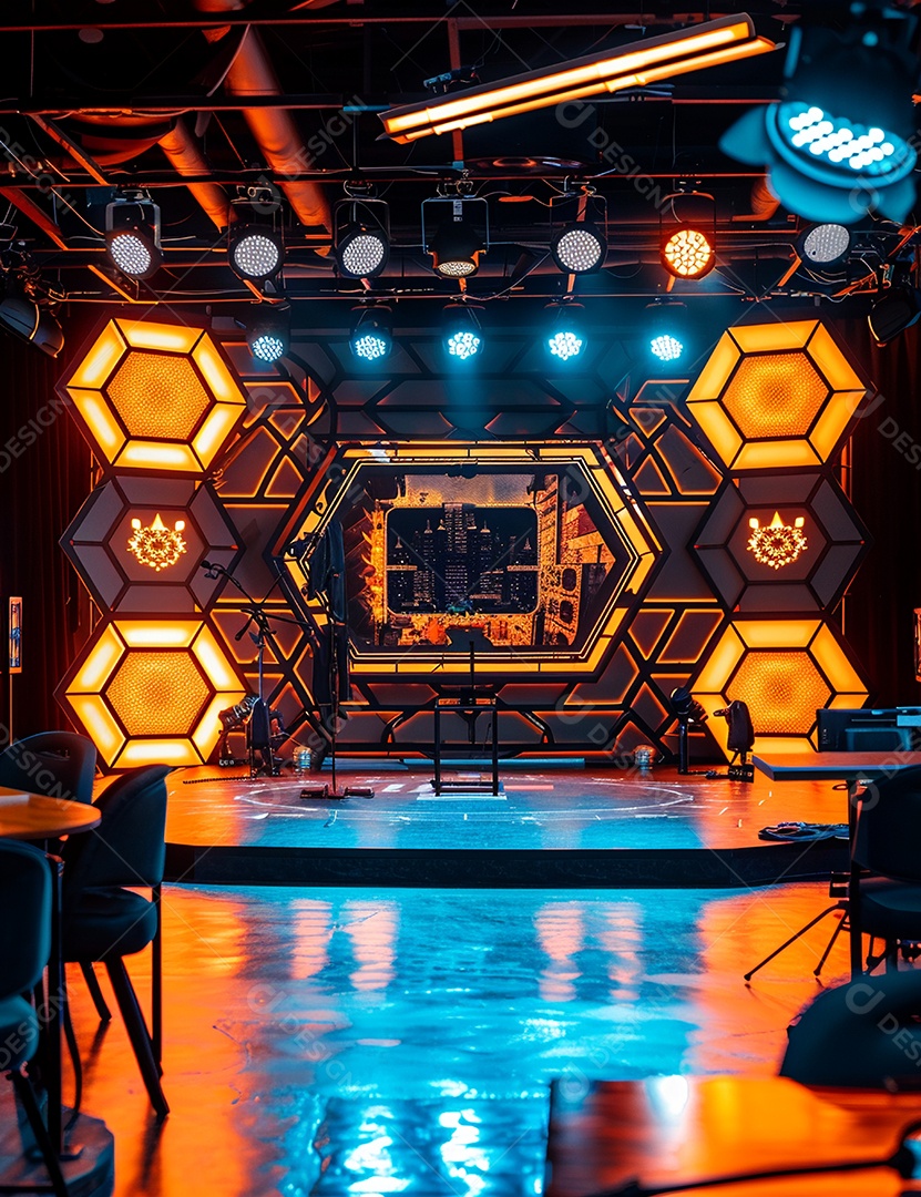 Cenário futurístico sobre fundo com luzes de led 3D