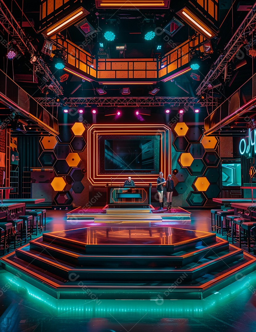 Cenário futurístico sobre fundo com luzes de led 3D