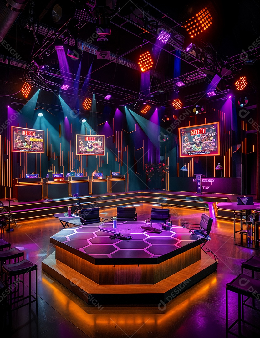 Cenário futurístico sobre fundo com luzes de led 3D