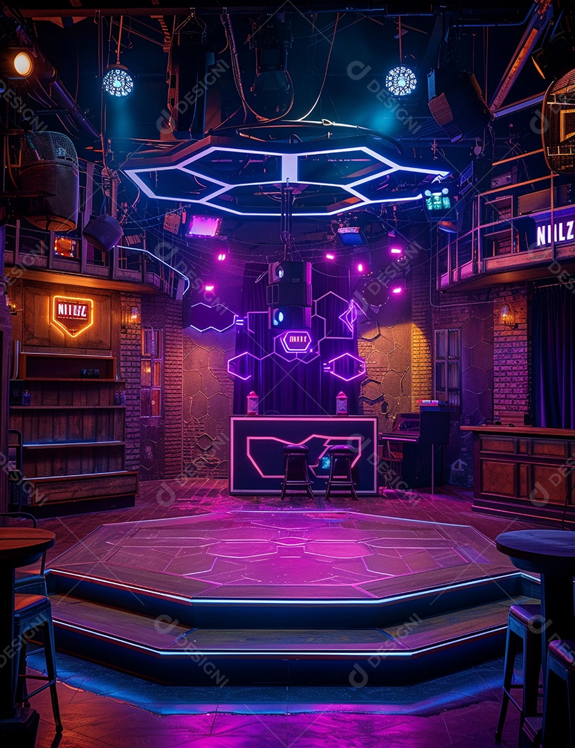 Cenário futurístico sobre fundo com luzes de led 3D