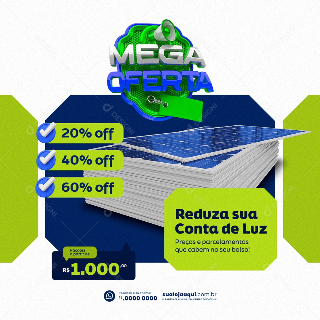 Energia Solar Mega Oferta 20% Off Social Media PSD Editável