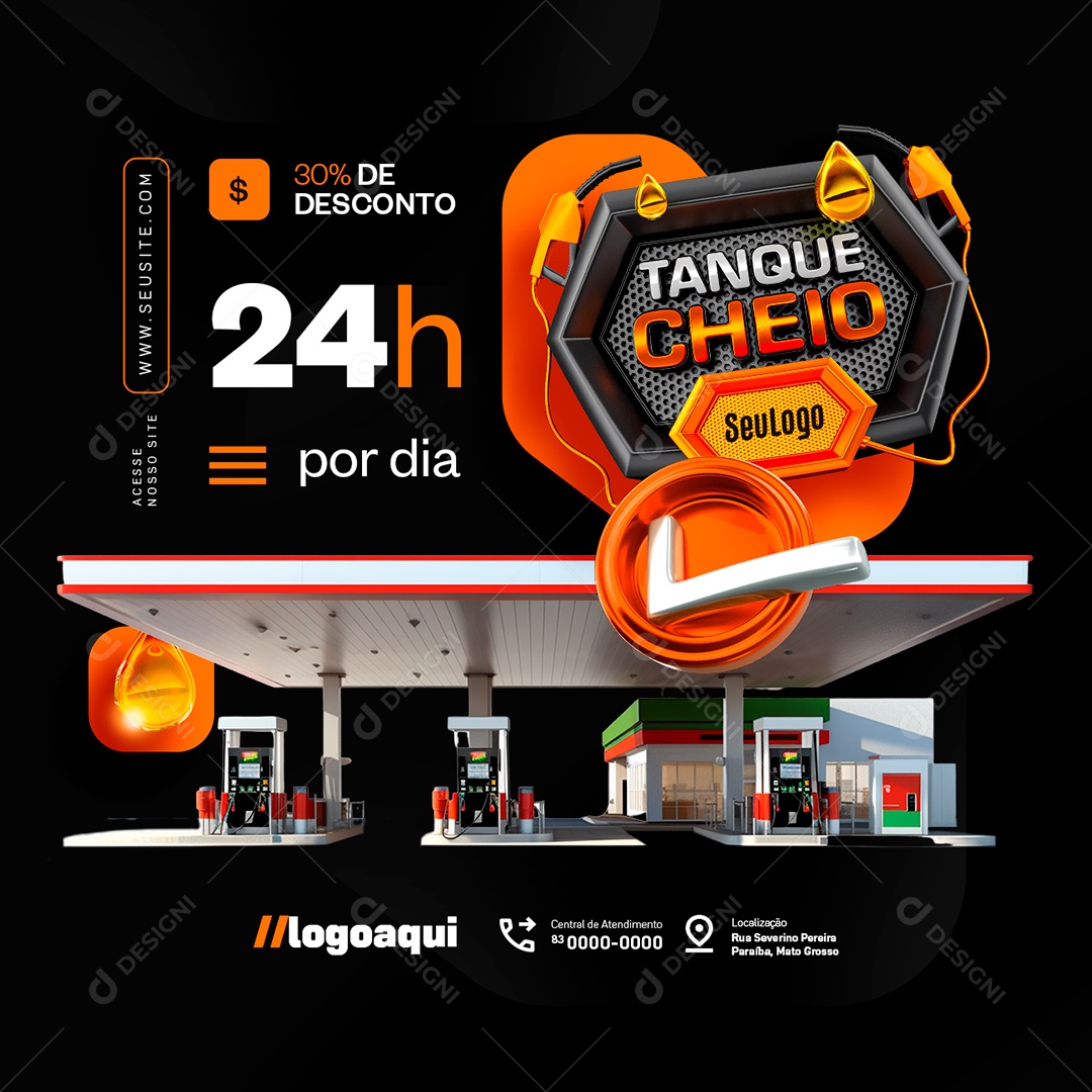 Posto de Gasolina Tanque Cheio 30% de Desconto 24h Por Dia Social Media PSD Editável