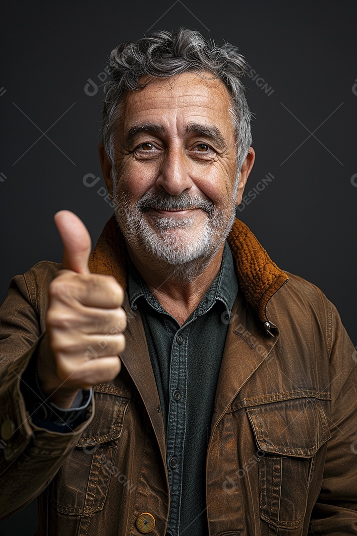 Homem de meia idade dando sinal de positivo expressão feliz alegre fundo isolado