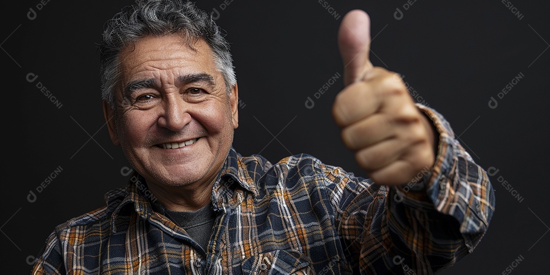 Homem de meia idade dando sinal de positivo expressão feliz alegre fundo isolado