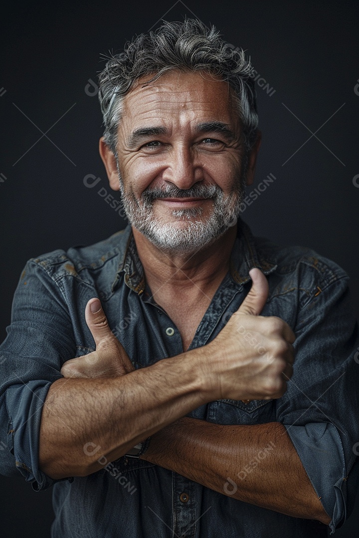 Homem de meia idade dando sinal de positivo expressão feliz alegre fundo isolado