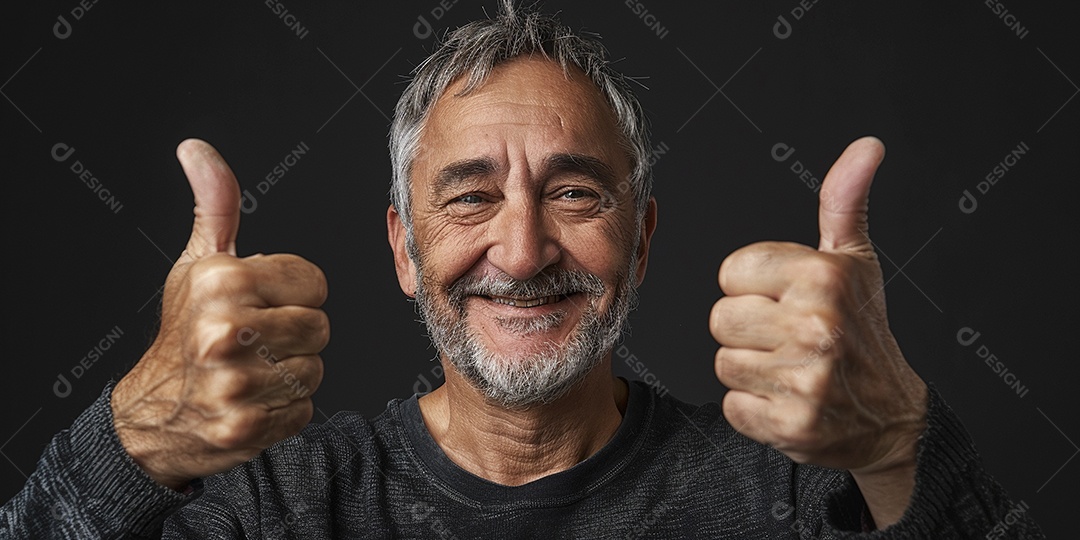 Homem de meia idade dando sinal de positivo expressão feliz alegre fundo isolado