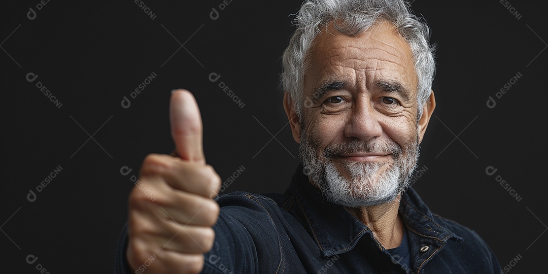 Homem de meia idade dando sinal de positivo expressão feliz alegre fundo isolado
