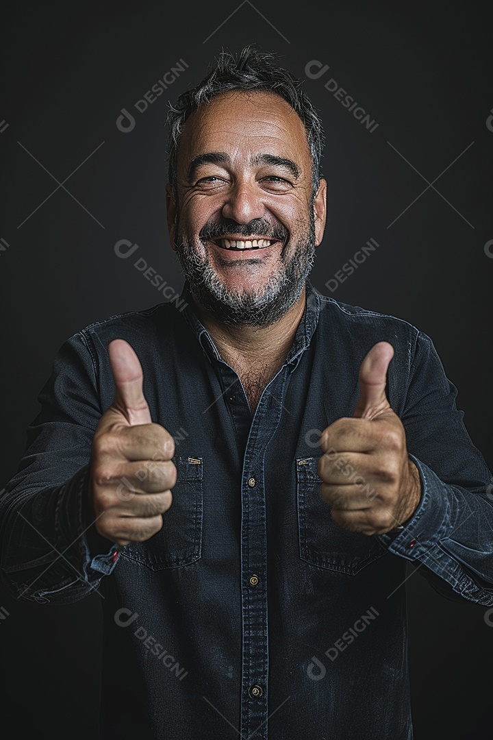 Homem de meia idade dando sinal de positivo expressão feliz alegre fundo isolado