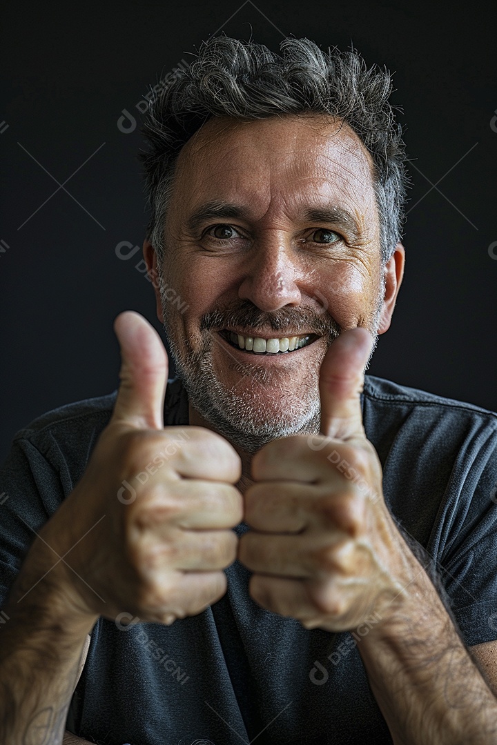 Homem de meia idade dando sinal de positivo expressão feliz alegre fundo isolado