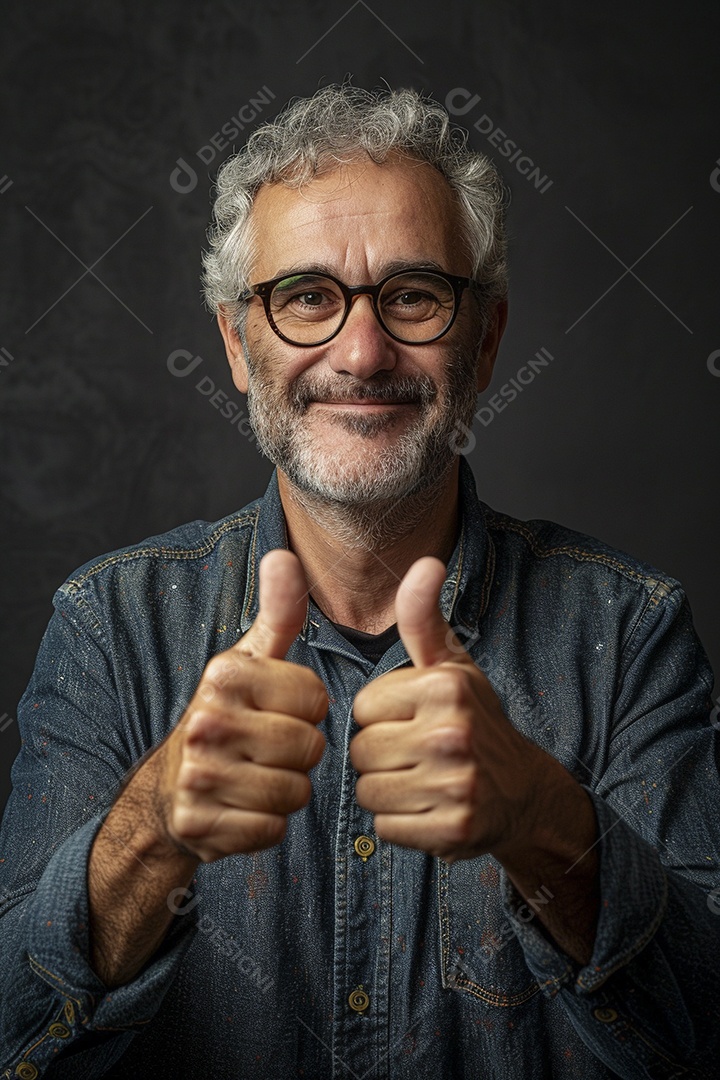 Homem de meia idade dando sinal de positivo expressão feliz alegre fundo isolado