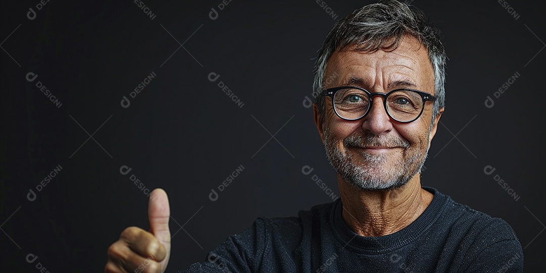 Homem de meia idade dando sinal de positivo expressão feliz alegre fundo isolado