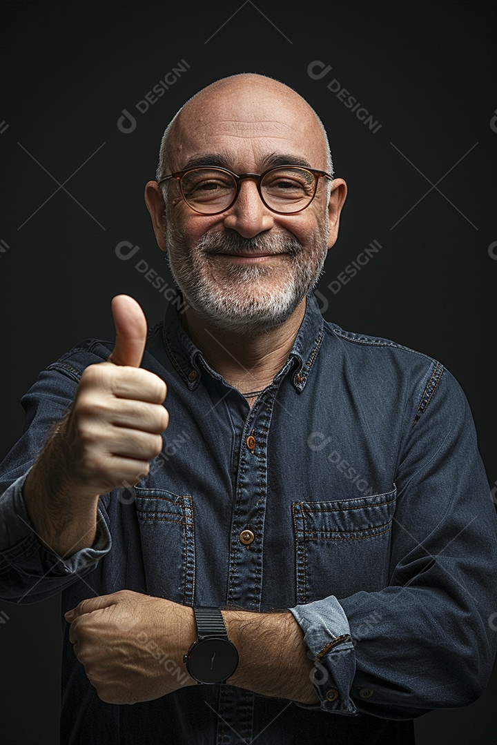 Homem de meia idade dando sinal de positivo expressão feliz alegre fundo isolado