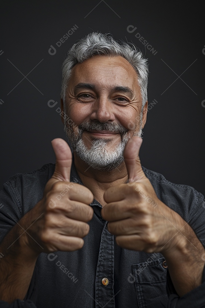 Homem de meia idade dando sinal de positivo expressão feliz alegre fundo isolado