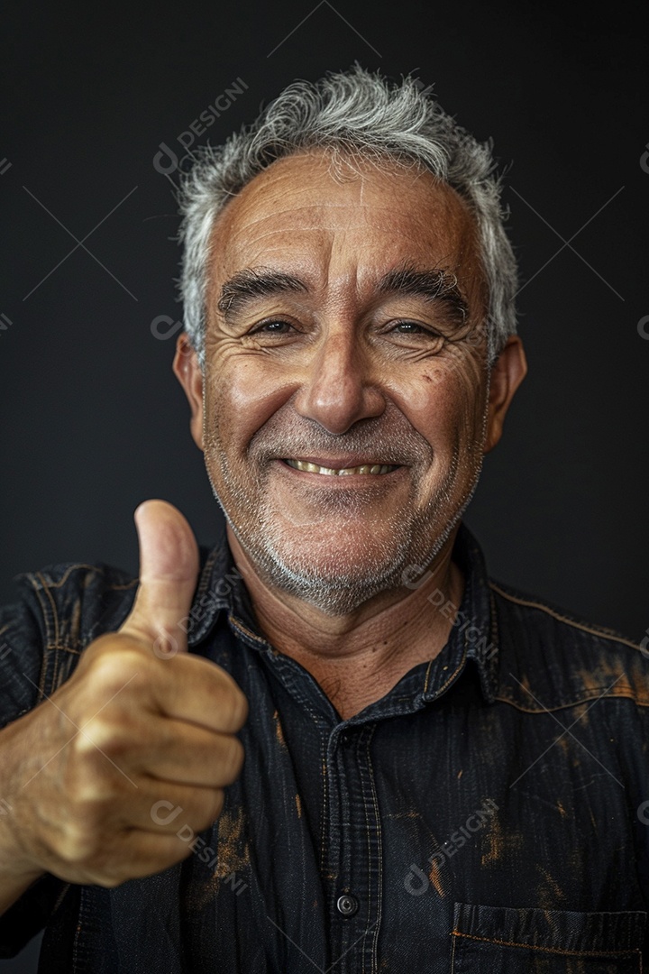 Homem de meia idade dando sinal de positivo expressão feliz alegre fundo isolado