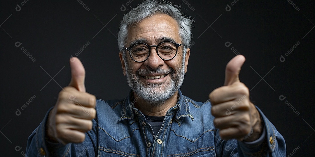 Homem de meia idade dando sinal de positivo expressão feliz alegre fundo isolado