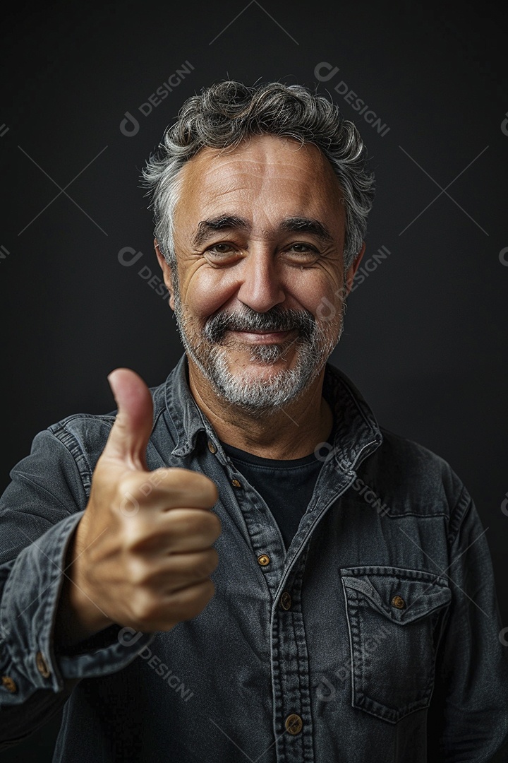 Homem de meia idade dando sinal de positivo expressão feliz alegre fundo isolado