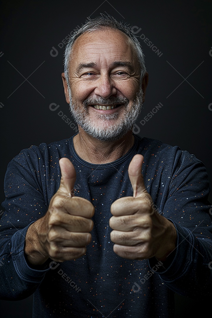 Homem de meia idade dando sinal de positivo expressão feliz alegre fundo isolado