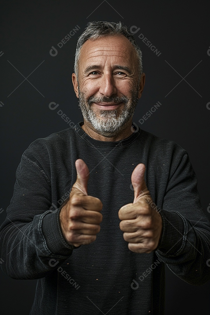 Homem de meia idade dando sinal de positivo expressão feliz alegre fundo isolado