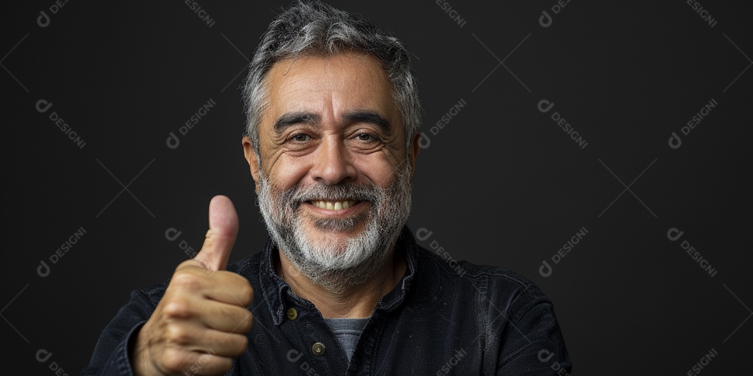 Homem de meia idade dando sinal de positivo expressão feliz alegre fundo isolado