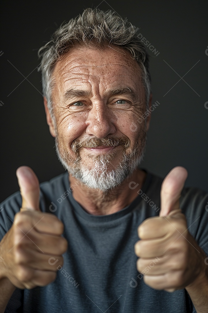 Homem de meia idade dando sinal de positivo expressão feliz alegre fundo isolado