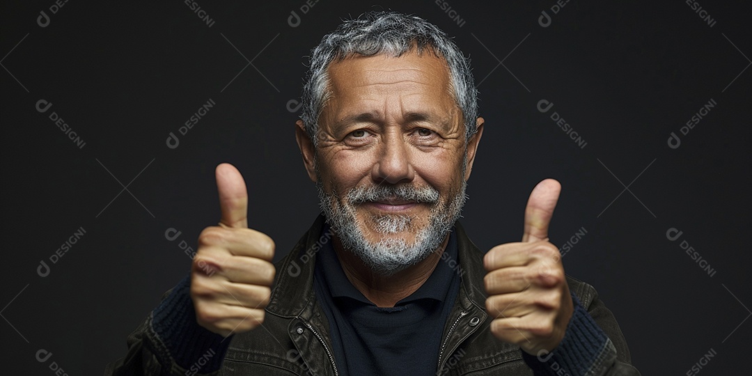 Homem de meia idade dando sinal de positivo expressão feliz alegre fundo isolado