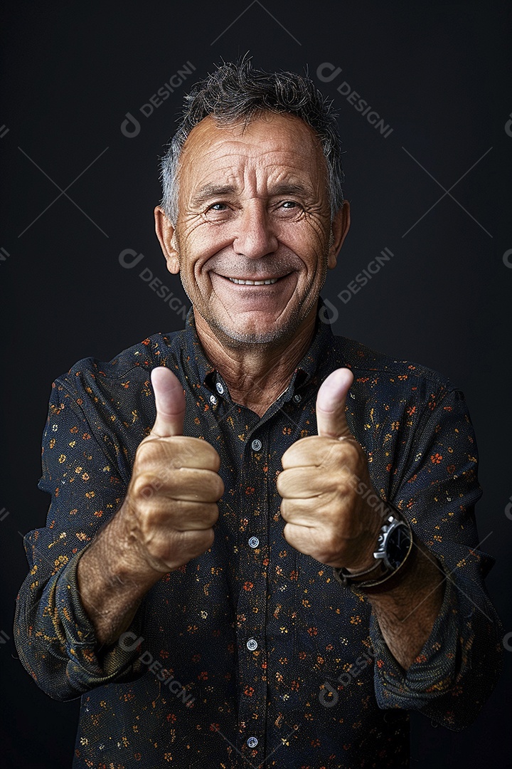 Homem de meia idade dando sinal de positivo expressão feliz alegre fundo isolado