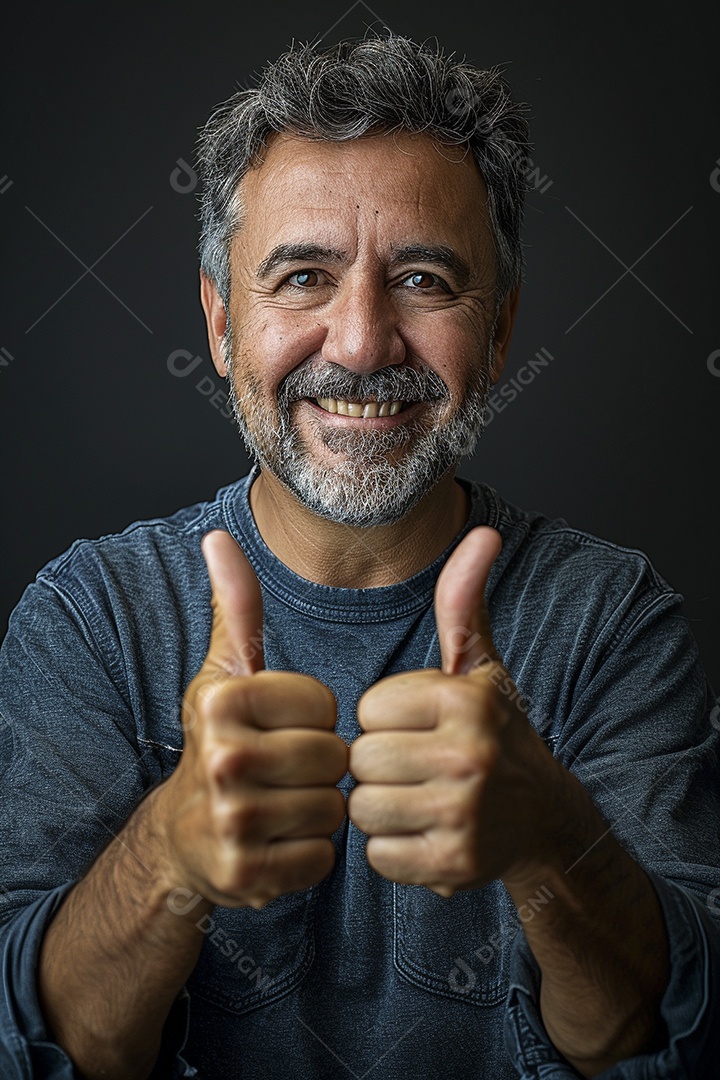 Homem de meia idade dando sinal de positivo expressão feliz alegre fundo isolado