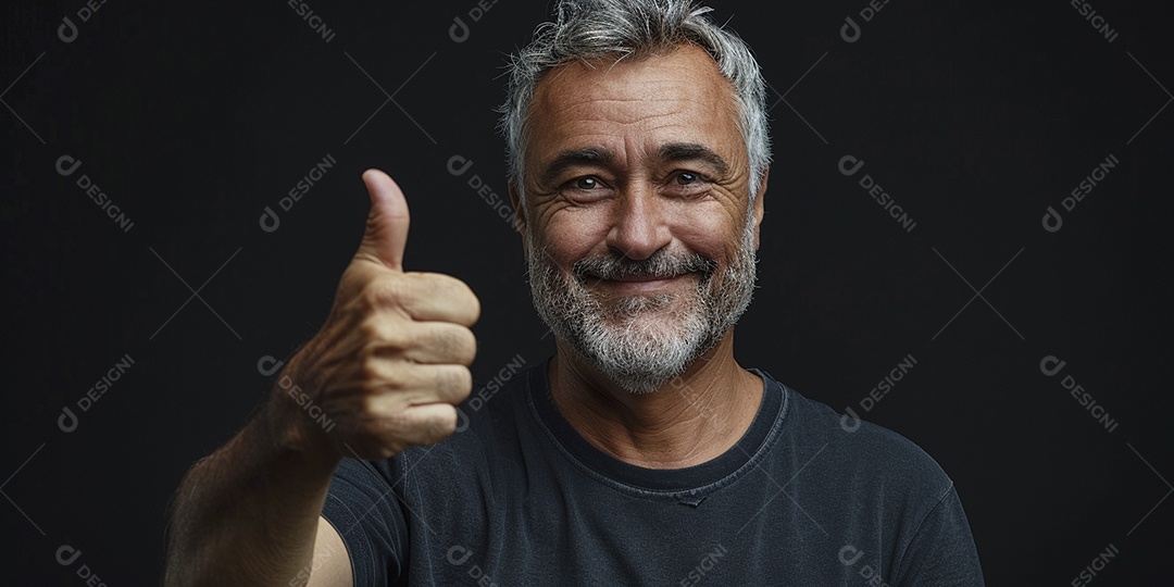 Homem de meia idade dando sinal de positivo expressão feliz alegre fundo isolado