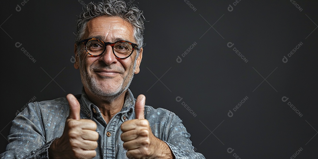 Homem de meia idade dando sinal de positivo expressão feliz alegre fundo isolado