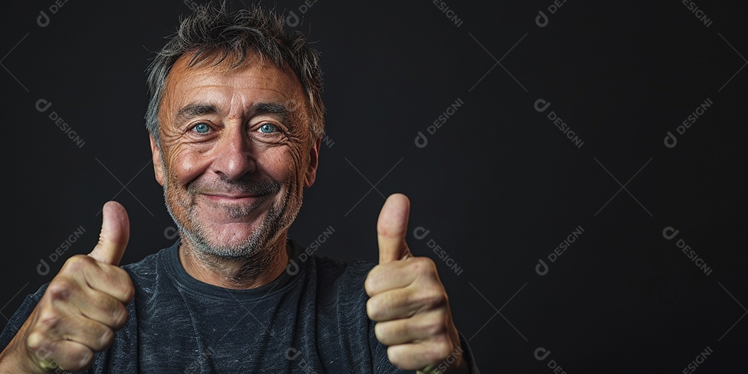 Homem de meia idade dando sinal de positivo expressão feliz alegre fundo isolado