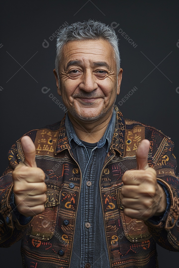 Homem de meia idade dando sinal de positivo expressão feliz alegre fundo isolado