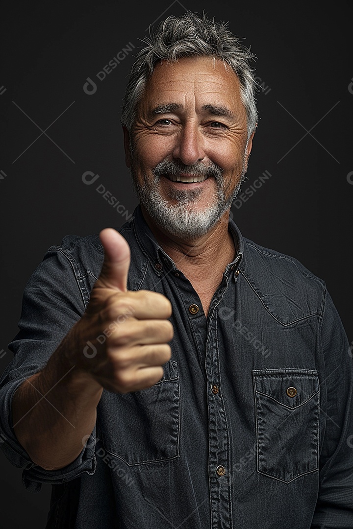 Homem de meia idade dando sinal de positivo expressão feliz alegre fundo isolado