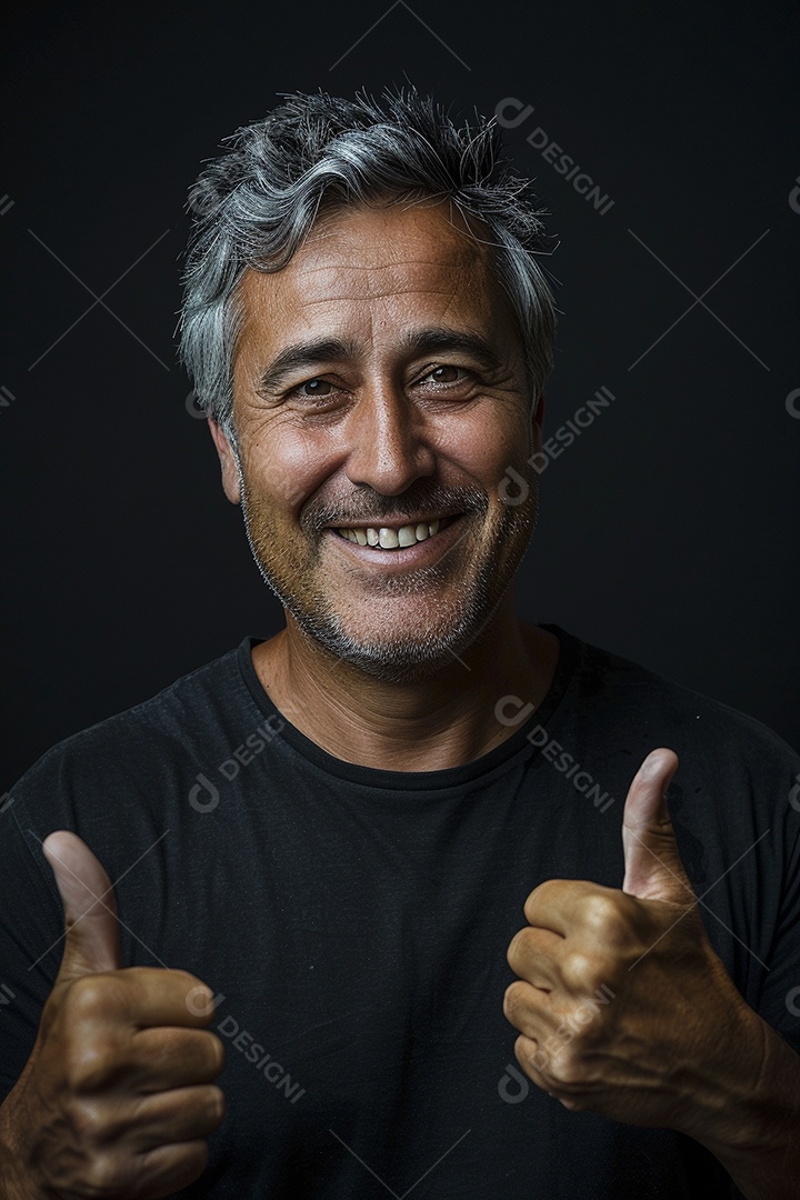 Homem de meia idade dando sinal de positivo expressão feliz alegre fundo isolado