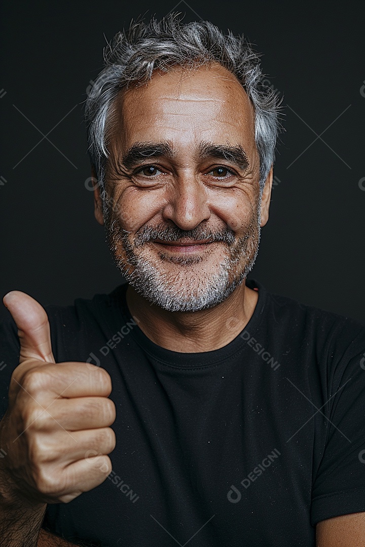 Homem de meia idade dando sinal de positivo expressão feliz alegre fundo isolado