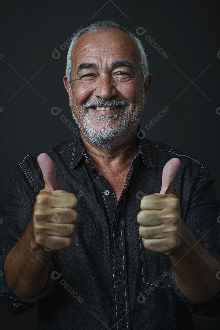 Homem de meia idade dando sinal de positivo expressão feliz alegre fundo isolado