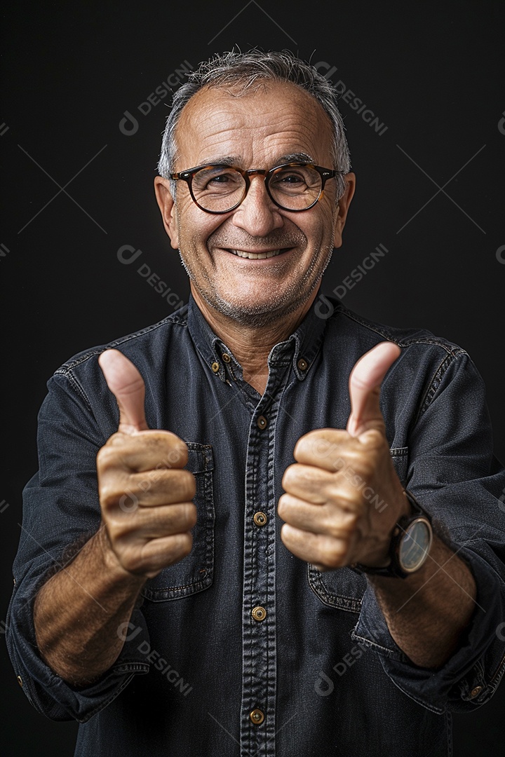 Homem de meia idade dando sinal de positivo expressão feliz alegre fundo isolado